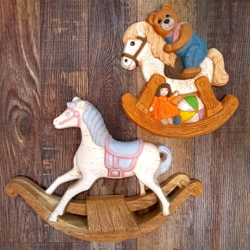 Vtg 1980s Burwood Products Rocking Horse & Frankies Design Bear Nursery Wall Art
